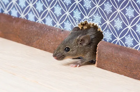 Eine Maus kriecht aus einem Mauseloch einer Fußbodenleiste. Eine professionelle Mäusebekämpfung in Bremen verhindert, dass sich Nager in Ihrem Haus vermehren und Schäden anrichten. 