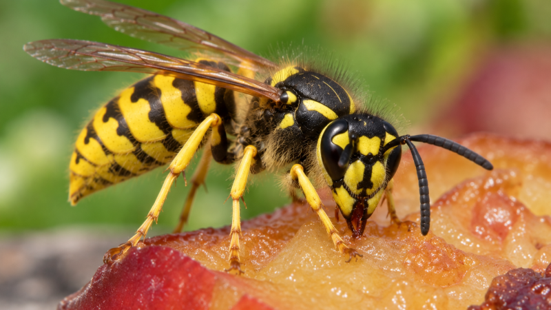 Gemeinen Wespe auf saftiger Frucht