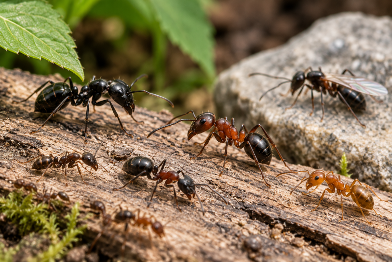 Makroaufnahme verschiedener Ameisen auf Rinde
