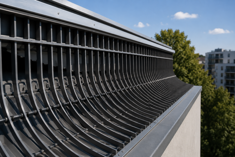 Moderne Dachbrüstung mit geschwungenem Metallgitter