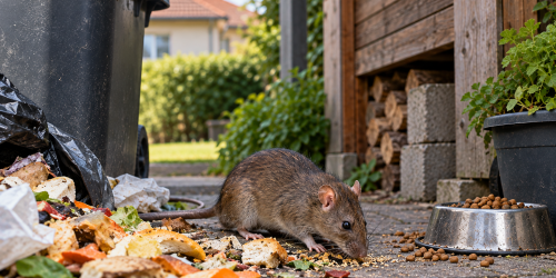Ratte beim Fressen neben Mülltonne