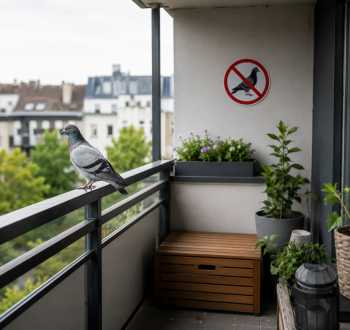 Taube auf urbanem Balkon mit Pflanzen