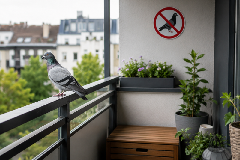 Taube auf urbanem Balkon mit Pflanzen