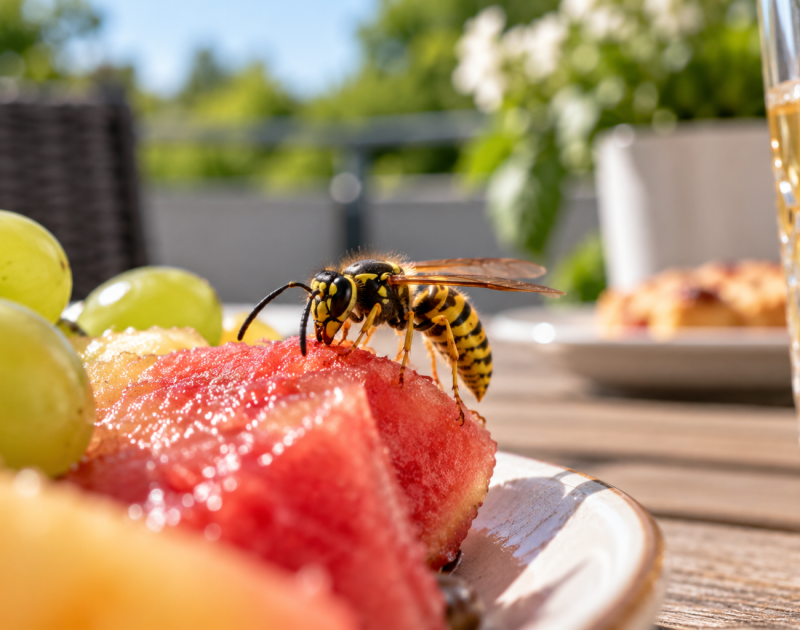 Wespe auf saftiger Wassermelone