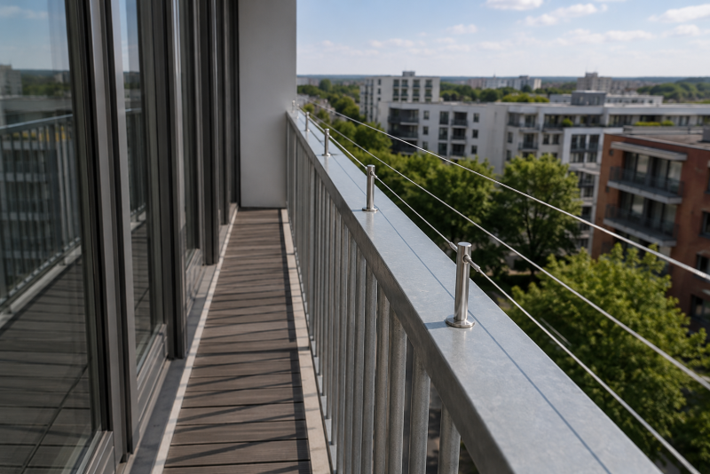 Moderner Balkon mit Stahlseilen mit Taubedrehtsystem